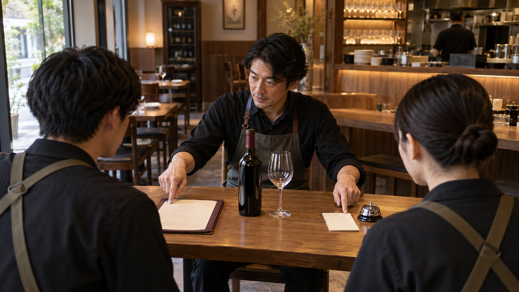 開店前の飲食店で、店長が二人の新人スタッフへメニュー、ワインボトル、引き継ぎメモを指してワイン接客研修の優先場面を説明する様子