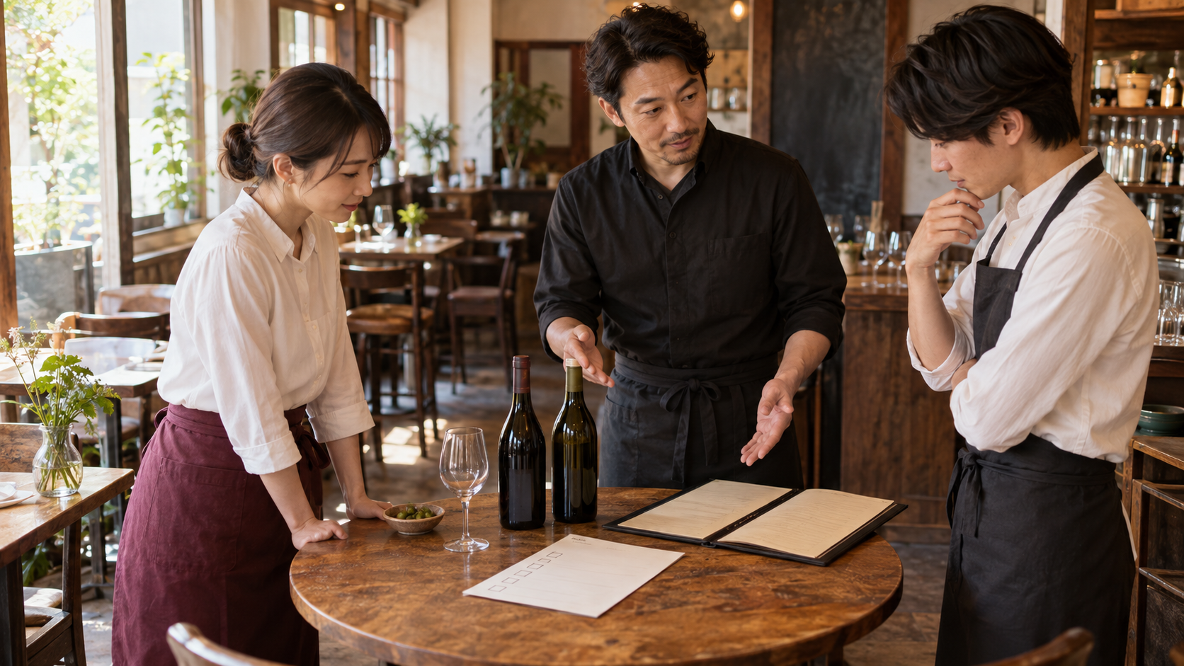 開店前の飲食店で、店長と二人のスタッフがメニュー、無地のワインボトル、確認用メモを囲み、無理のないワイン売上目標の準備をする様子