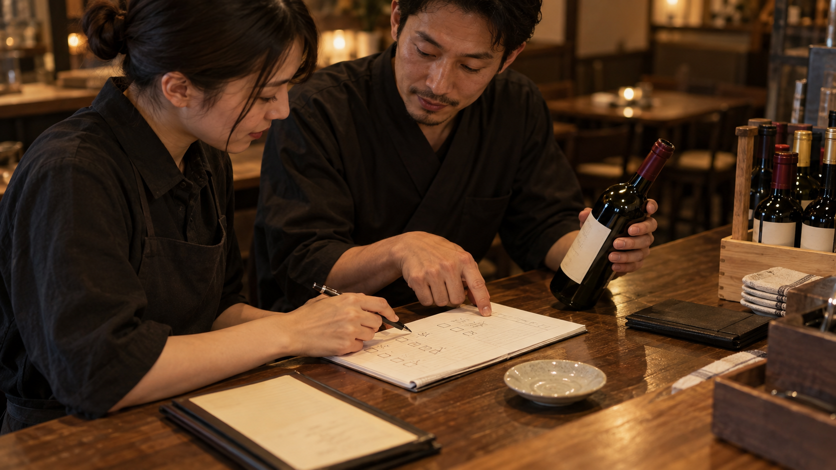 営業後の飲食店で、スタッフと店長がサービス台の確認メモと無地のワインボトルを見比べ、次の営業で直す項目を話す場面