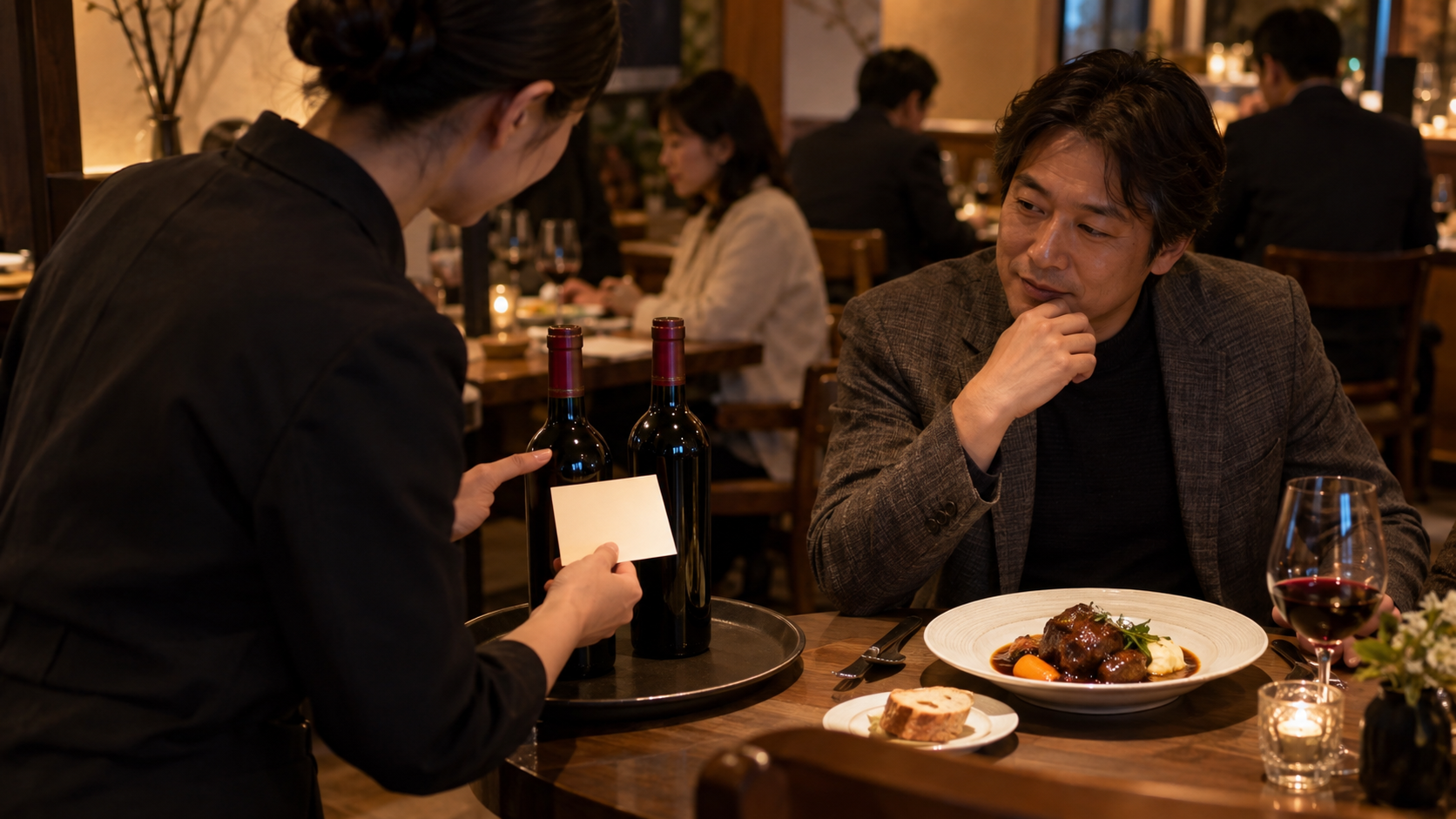 ビーフシチューのある飲食店の客席で、ホールスタッフが二本の無地のワインボトルを示し、お客様の好みを聞く場面