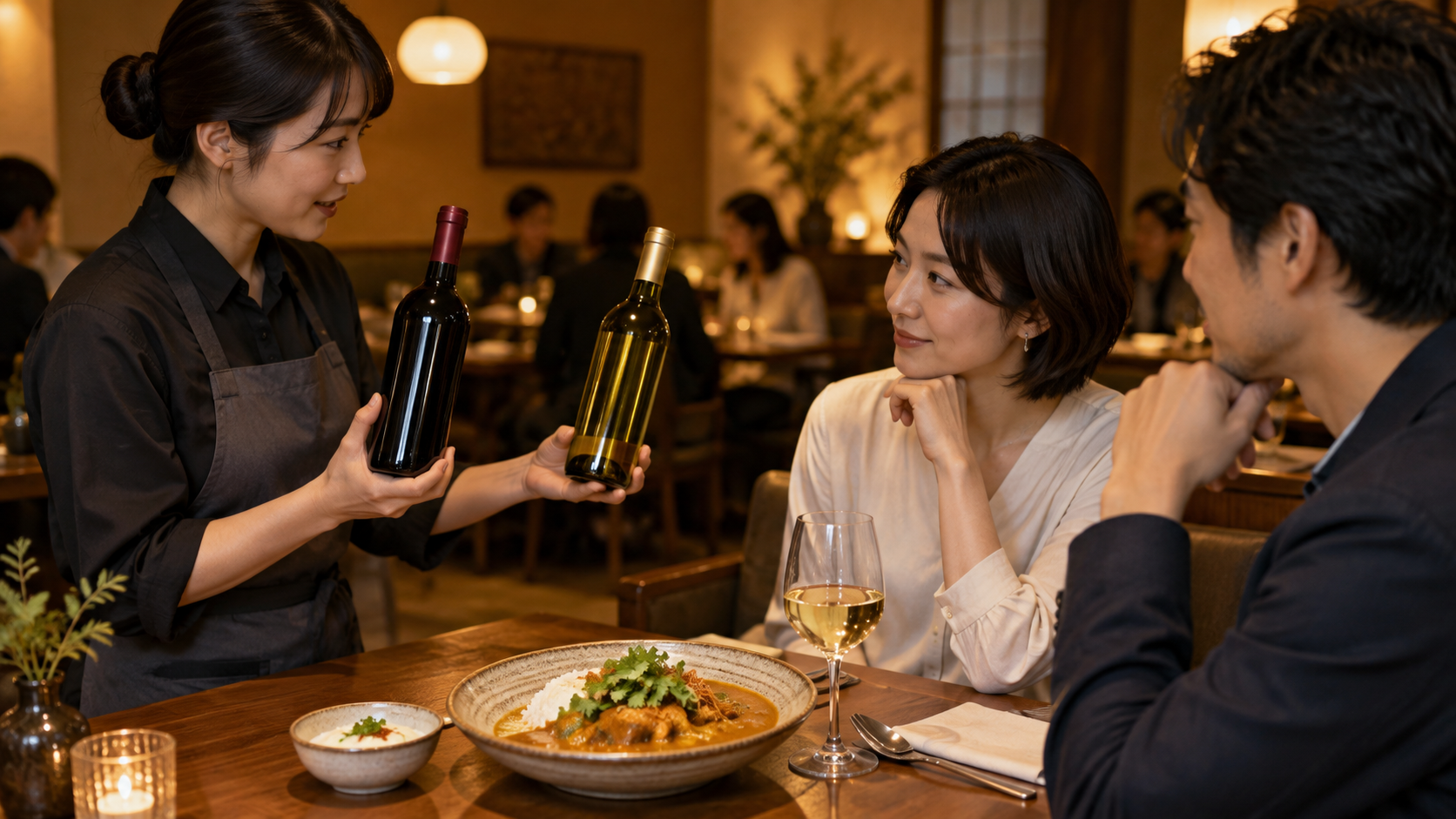 カレーのある飲食店の客席で、ホールスタッフが無地のワインボトル二本を示し、お客様の好みを聞く場面