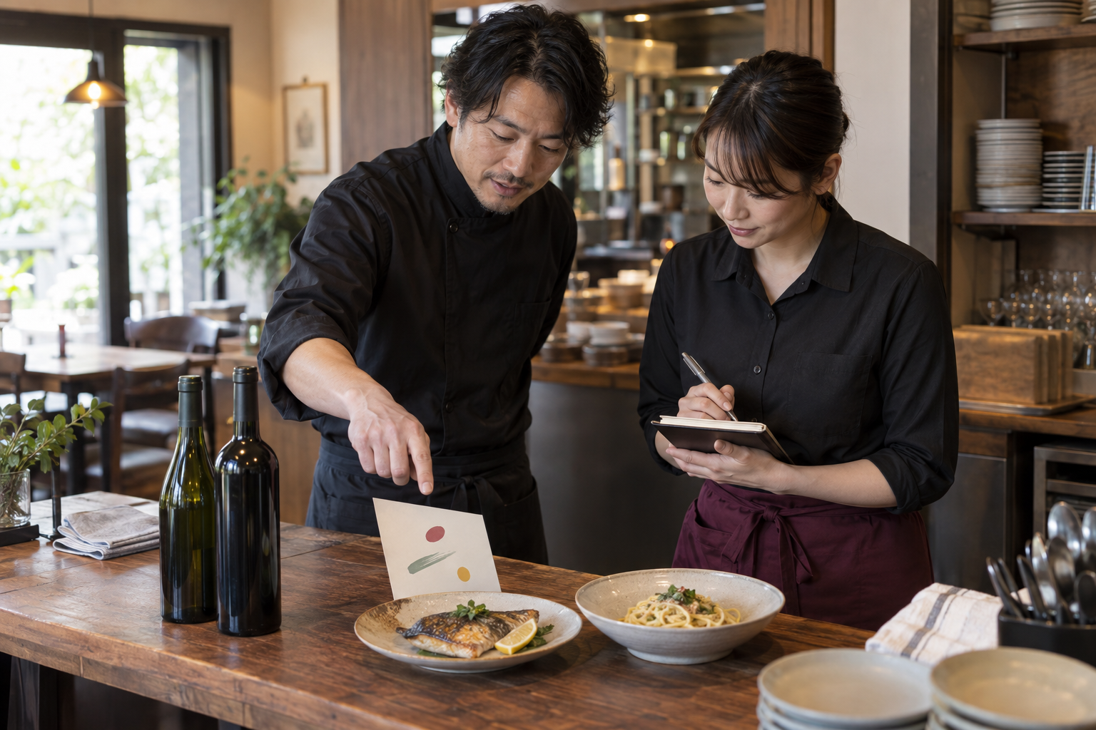 開店前の飲食店で、店長が魚料理とパスタ、無地のワインボトル二本、共有カードを前にホールスタッフと確認する様子