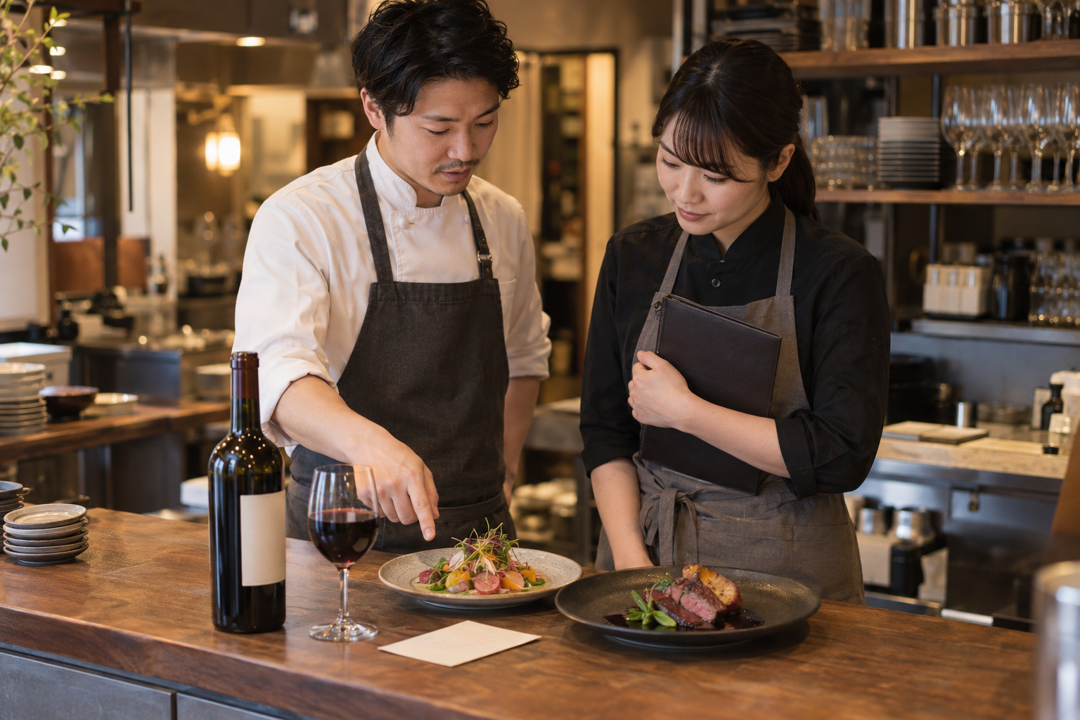 開店前の飲食店で、二人のスタッフが魚料理、二本の無地のワインボトル、乾杯用グラスを確認している場面