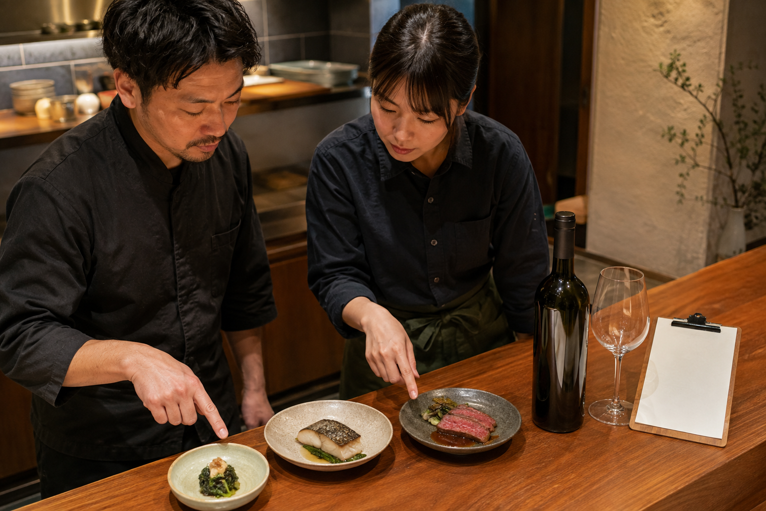 開店前の飲食店で、店長とスタッフが前菜、魚料理、肉料理と一本のワインを並べて確認している場面