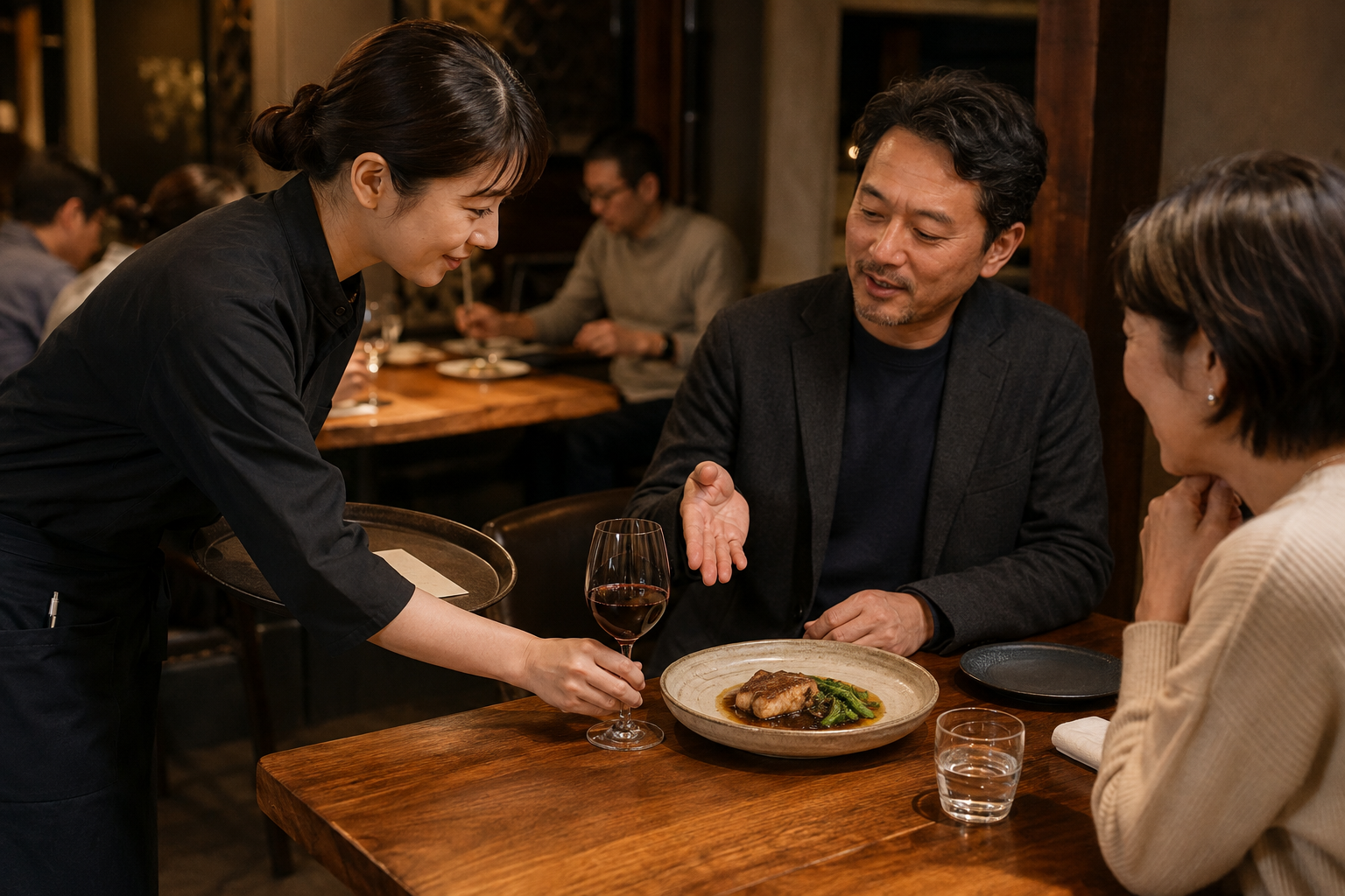飲食店の客席で、スタッフが料理一皿とワイン一杯を前に成人のお客様へ短く案内している場面