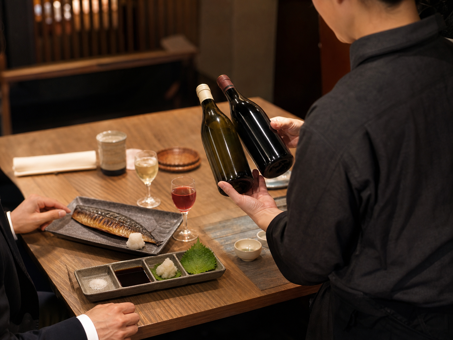 焼き魚、塩、醤油、大根おろし、しそを前に、飲食店スタッフが客席で二本のワインを示している場面
