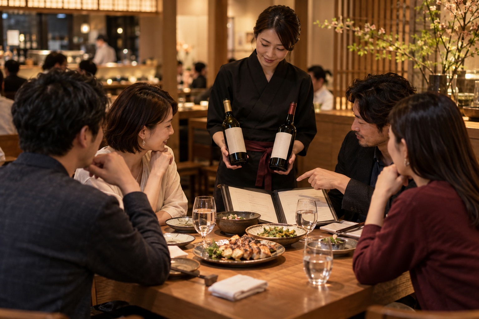 飲食店で四人のグループ客が共有料理とワインリストを見ながら、スタッフが示す二本のワインから選ぶ場面