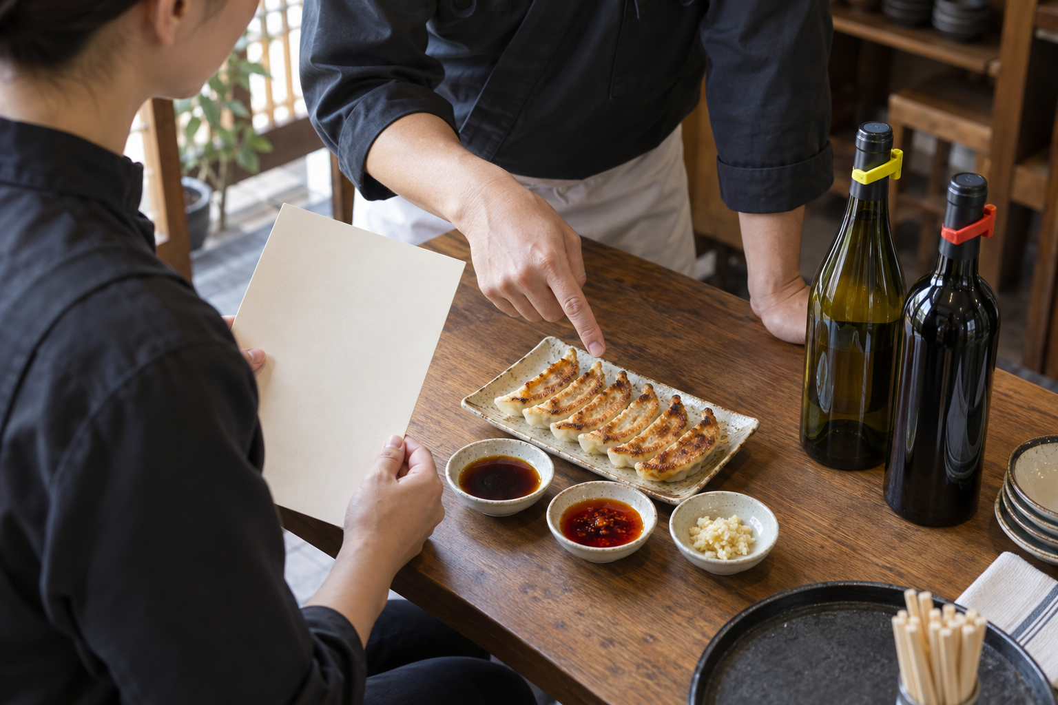 営業前のテーブルで、責任者が焼き餃子を指し、ホールスタッフが無地のメモを持って酢醤油、ラー油、にんにくと二本のワインを確認している上方からの場面