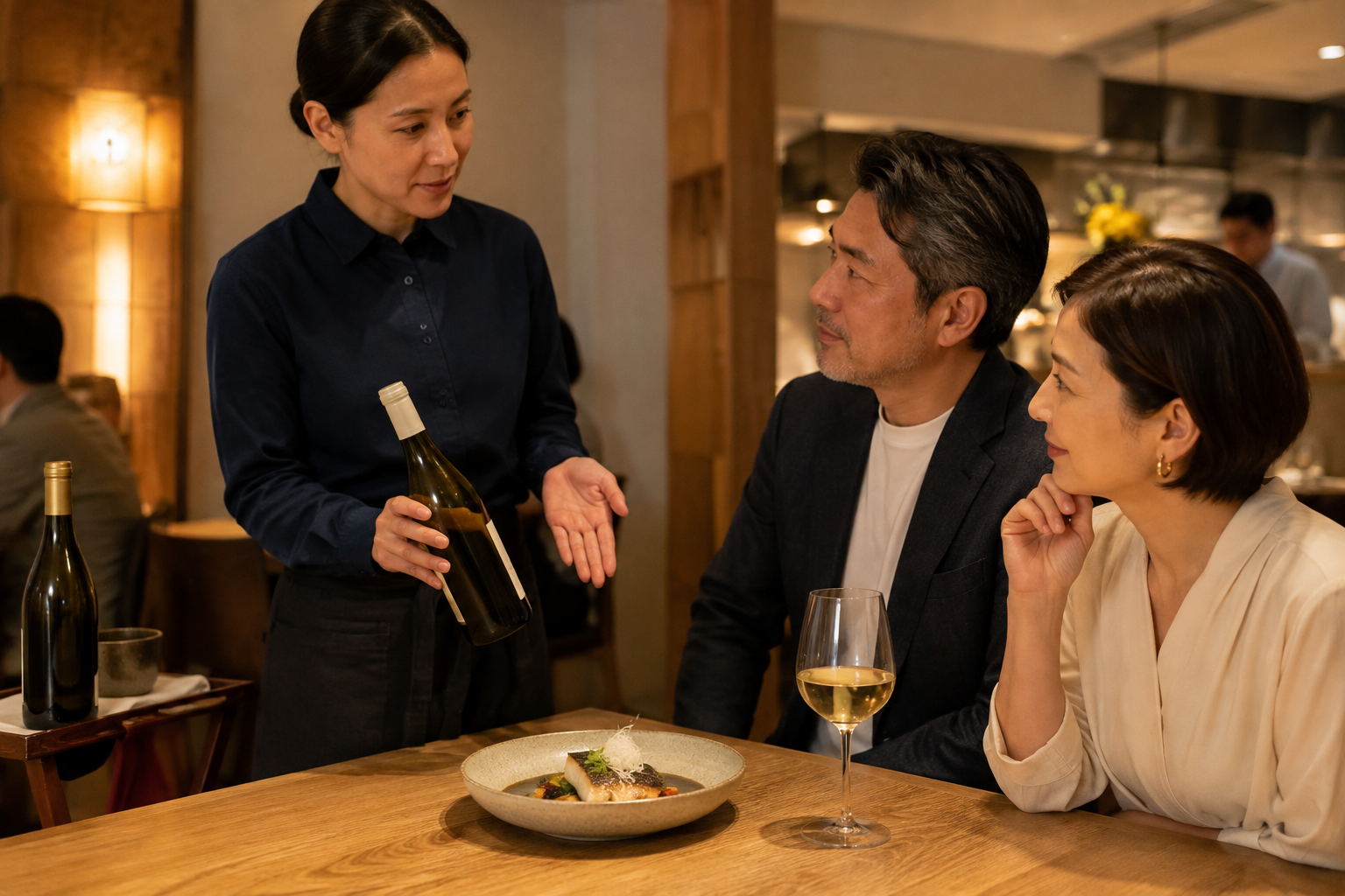 飲食店の客席で、成人スタッフが魚料理と白ワインを前に成人のお客様へハウスワインを案内している場面