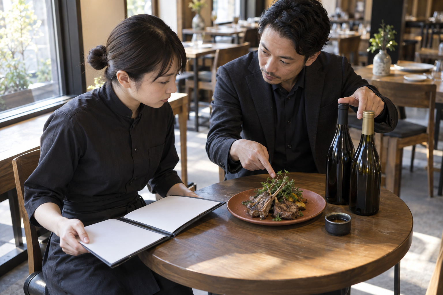 丸テーブルで、店長がハーブを添えたラム肉と二本のワインを指し、ホールスタッフが無地のメニューファイルを開いて営業前の提案を確認している場面
