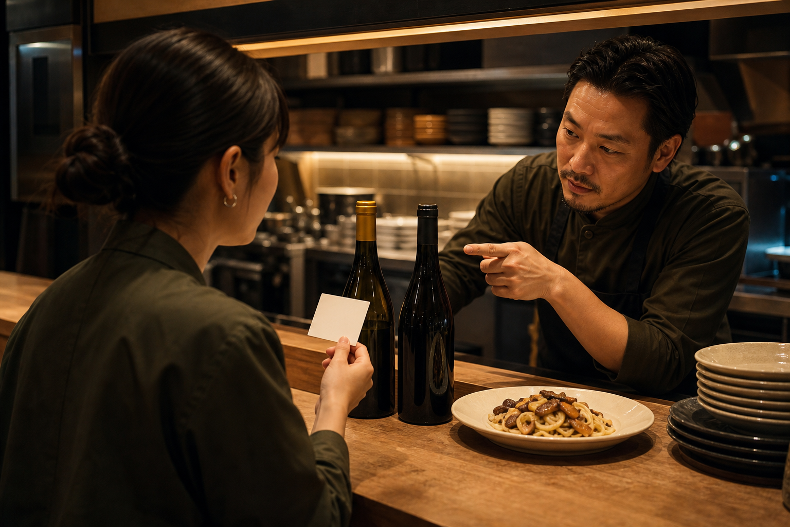 飲食店のサービスカウンターで、スタッフが無地の対応カードを持ち、店長が二本のワインボトルときのこパスタを前に確認している場面