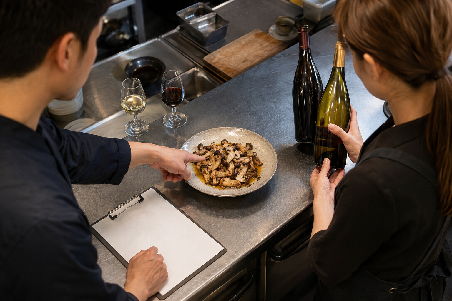 飲食店の厨房パスで、スタッフ二人がバターソースのきのこ料理と二本のワインを見比べている場面