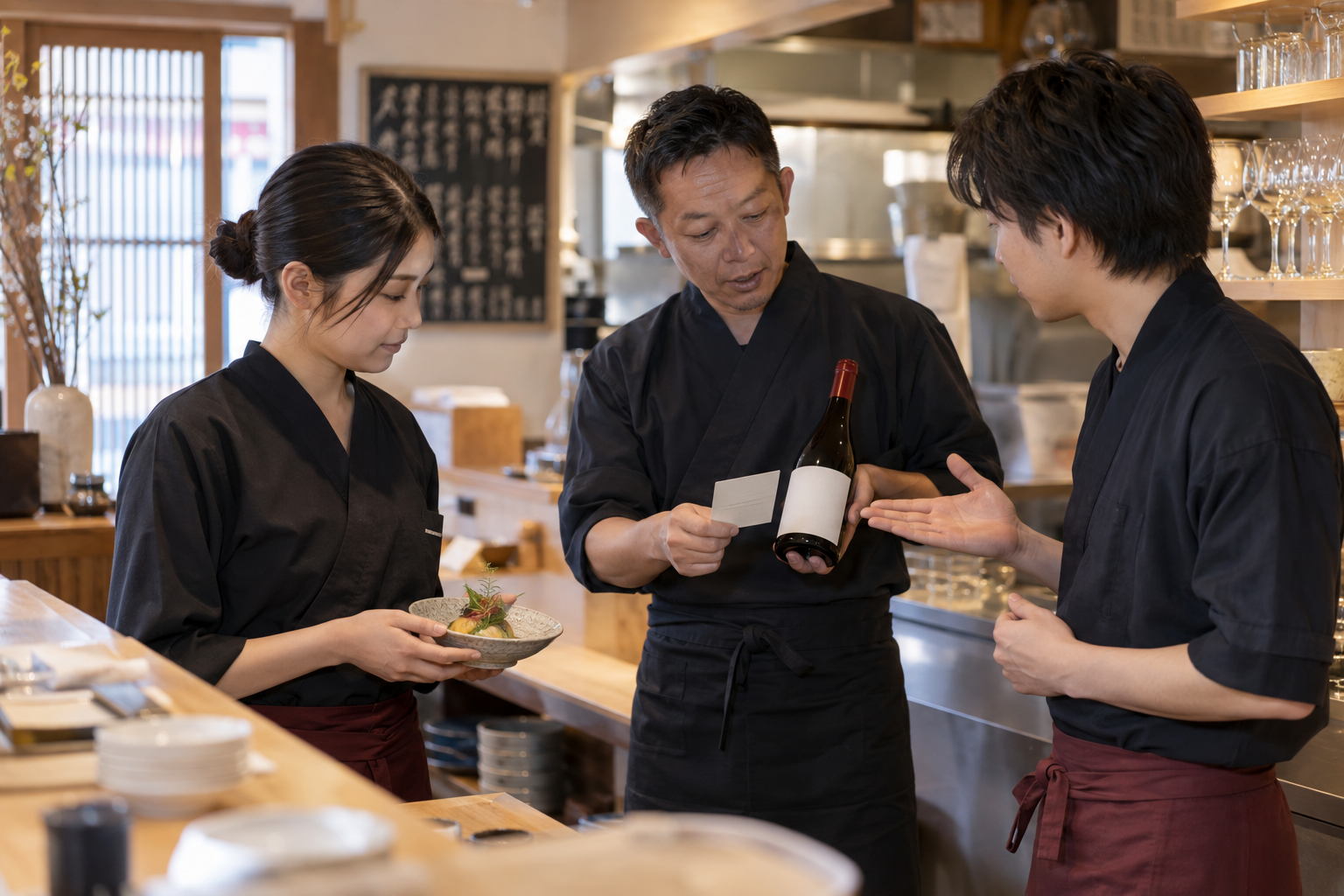 営業前の飲食店で、店長と二人のスタッフが新しいワインと料理を前に短い共有練習をする場面