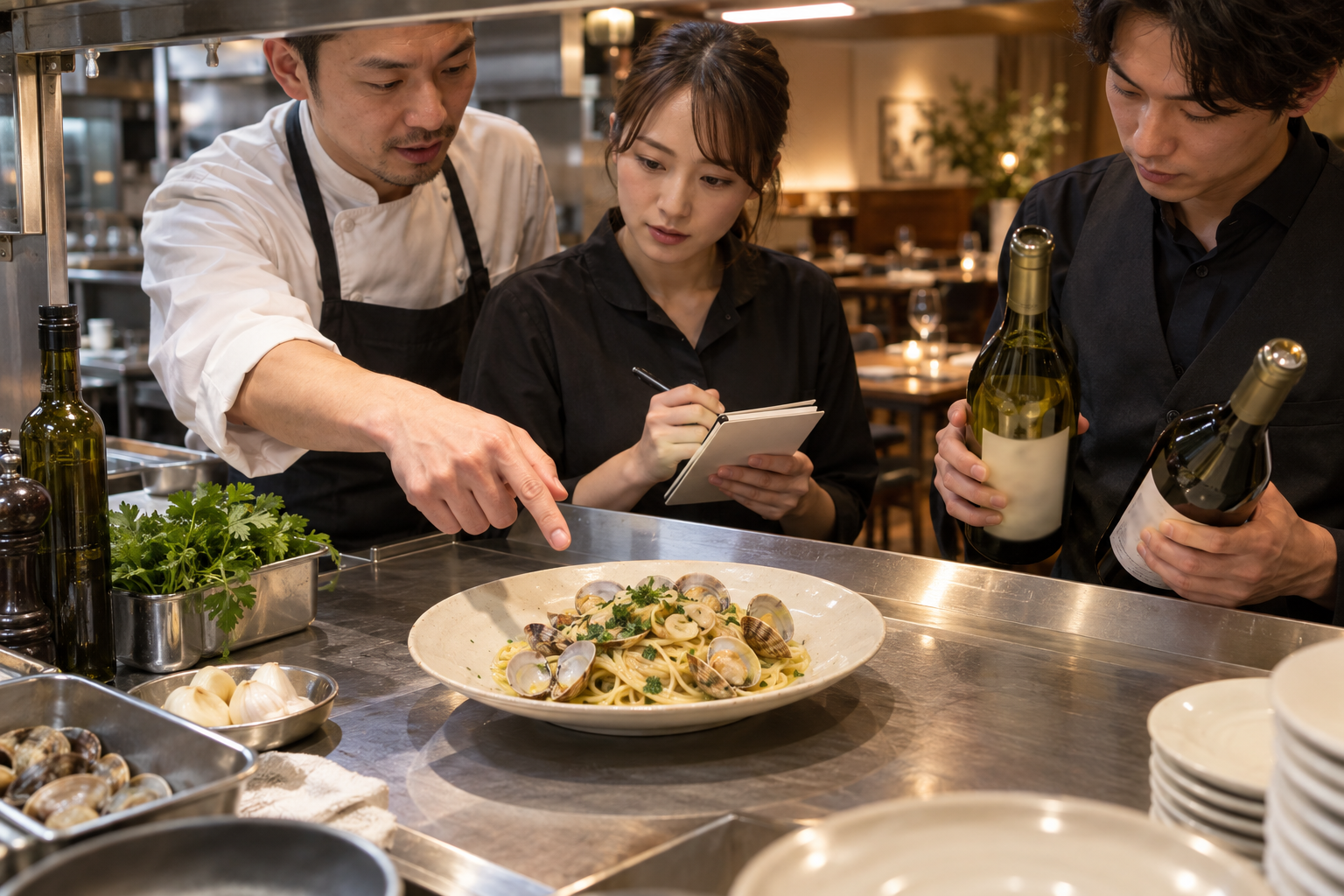 厨房のパスで、シェフとホールスタッフがあさりのオイルパスタ、にんにく、二本のワインを前に提案内容を確認する場面