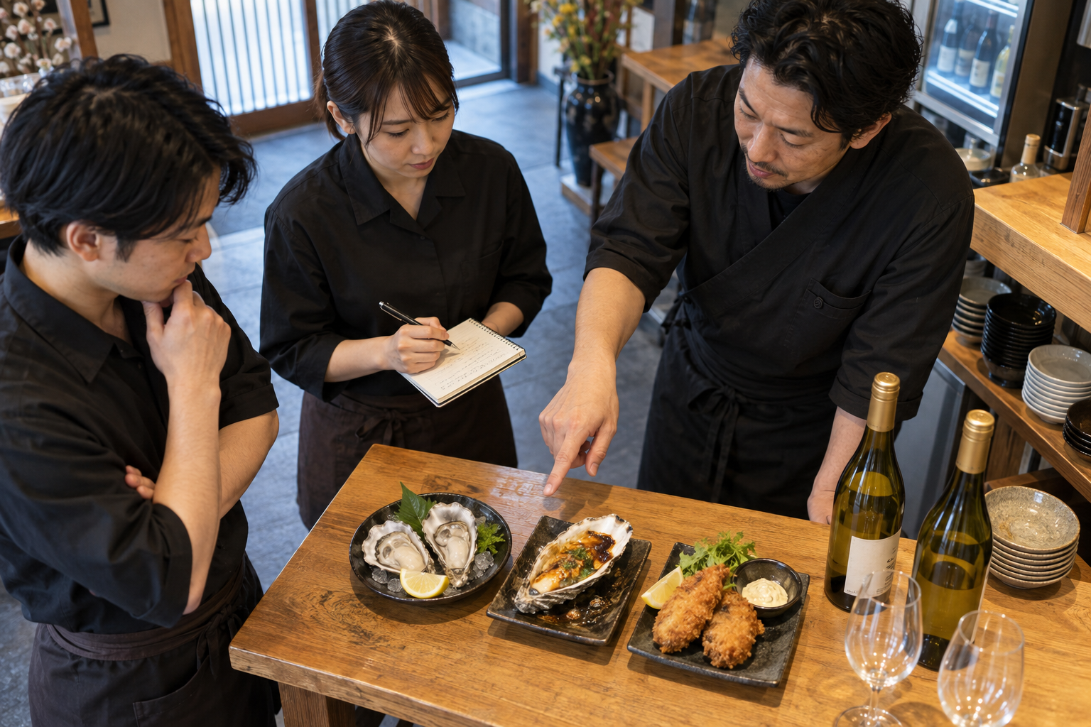 営業前の魚介ビストロで、責任者と二人のホールスタッフが生牡蠣、焼き牡蠣、牡蠣フライ、ソース、二本のワインをテーブルで確認している上方からの場面