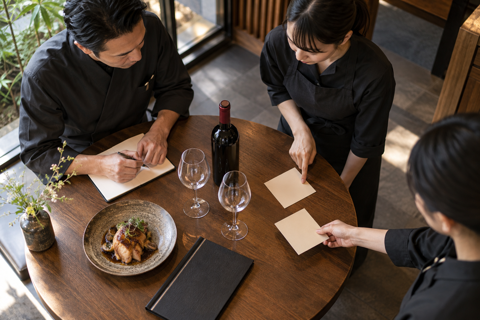小さな飲食店の客席でアルバイトスタッフが二人の客へワインを案内し、近くのサービスカウンターで店長が対応できるよう見守っている場面
