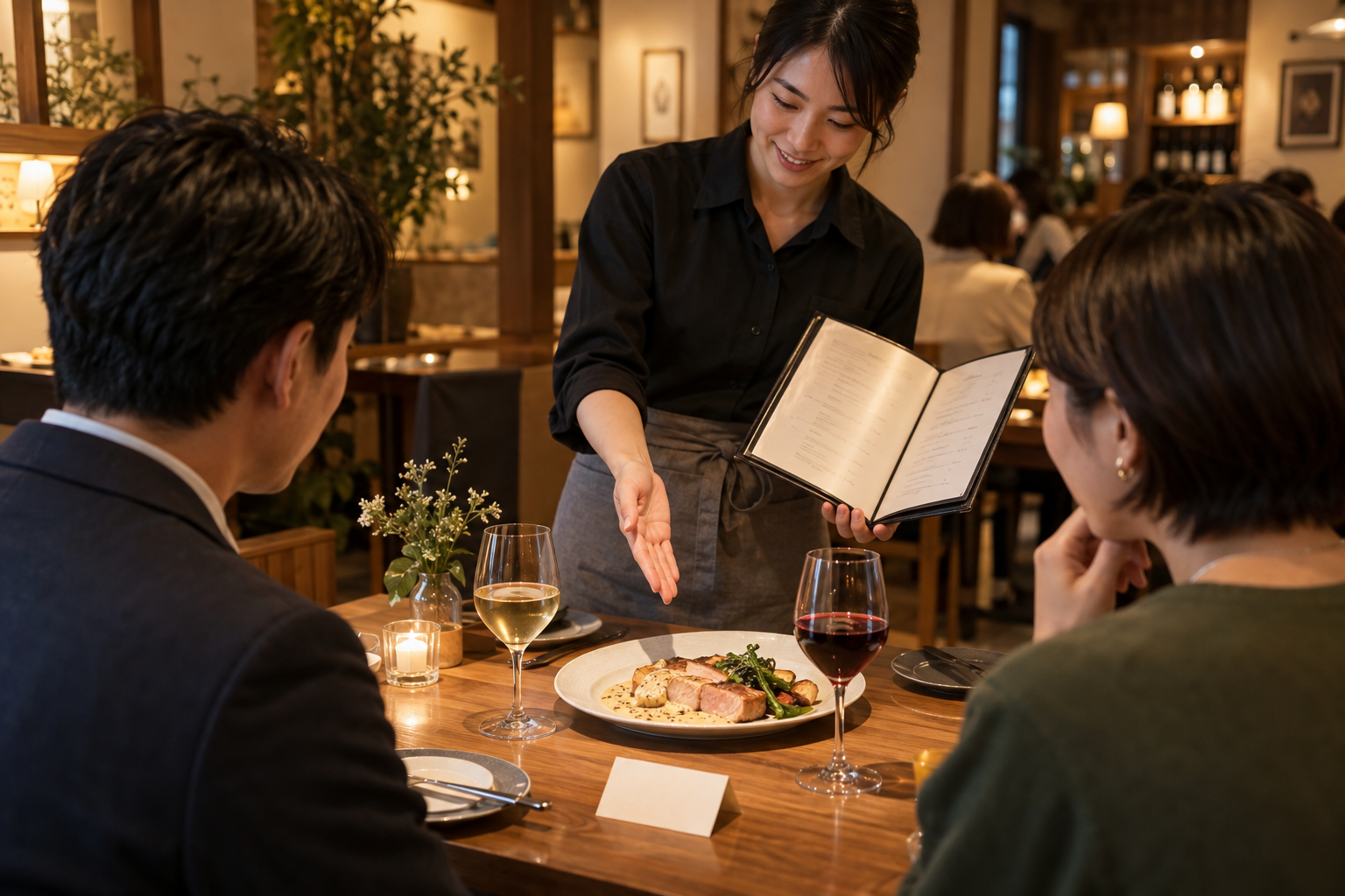 ビストロの客席で、クリームソースの豚肉料理を前に、スタッフがワインリストと白赤二つの候補をお客様へ案内する場面