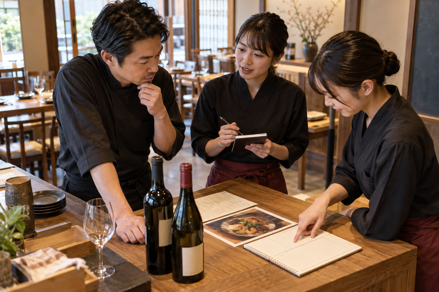 営業前の飲食店で、店長とホールスタッフが料理写真、二本のワイン、共有メモを見ながらグループ客向け提案を確認する場面