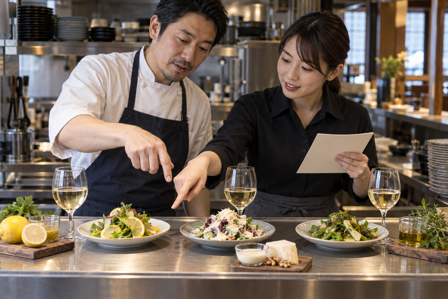 飲食店のサービスパスで、キッチンスタッフとホールスタッフがレモン、クリーム、オイル系の三種類のサラダと白ワインを見比べている場面