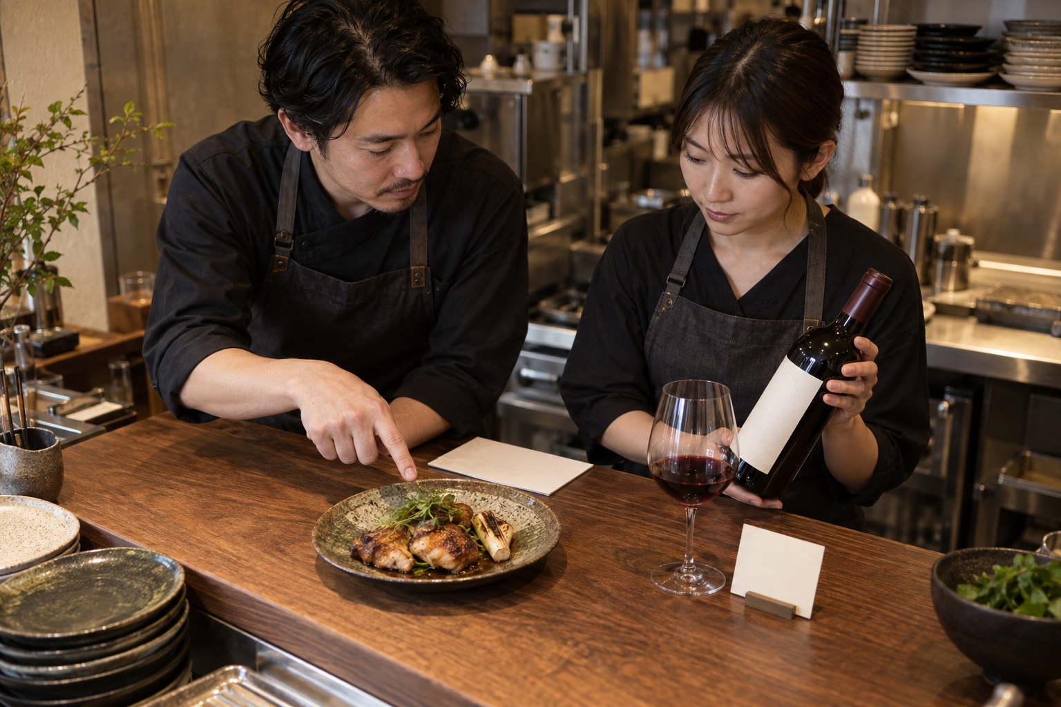 飲食店のサービスカウンターで、二人のスタッフが鶏料理、無地のワインボトル、グラス、メモを確認している場面