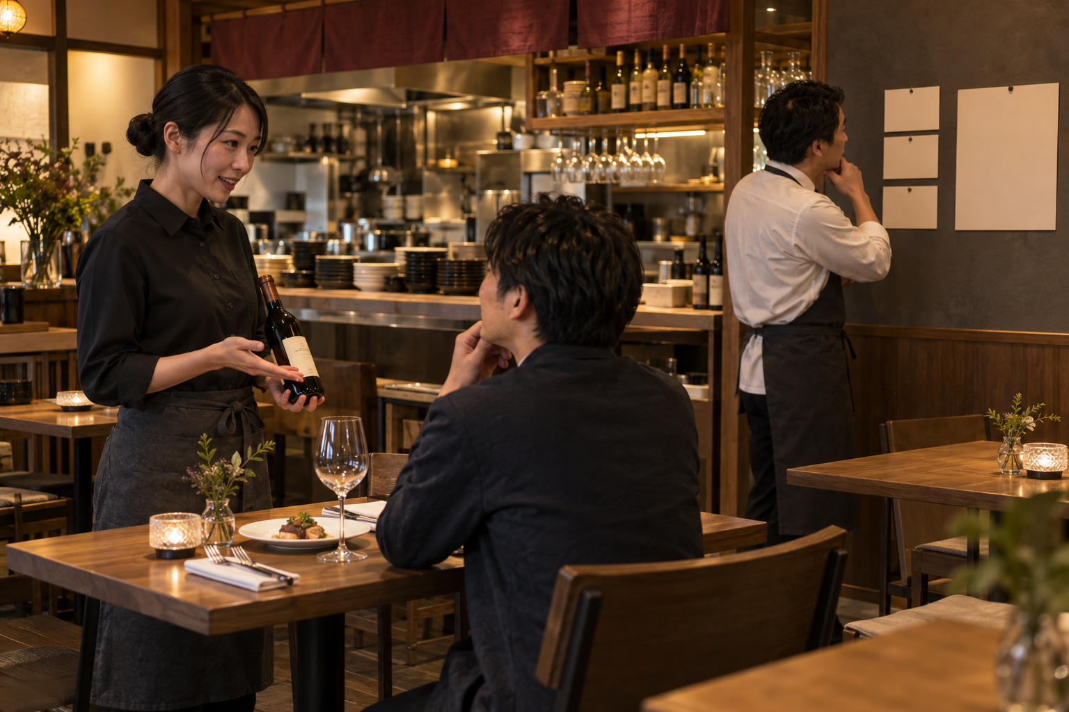 飲食店の客席でスタッフがワインを案内し、同じ店内のサービスカウンターで店長が無地の記録カードを確認している場面