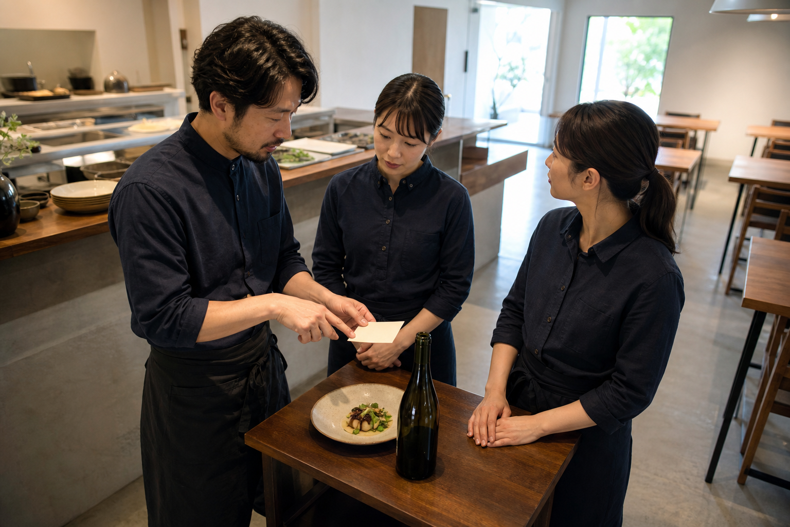 開店前の飲食店で成人スタッフ三人が料理、無地ボトル、無地の確認メモを前にワインの質問対応を共有している場面