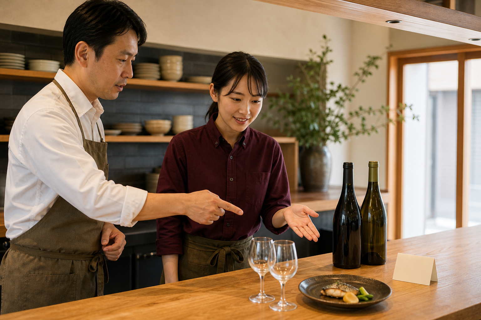 開店前の飲食店で、店長が新人スタッフと二本のワインボトル、空のグラス、魚料理を前に一杯目の案内を確認している場面