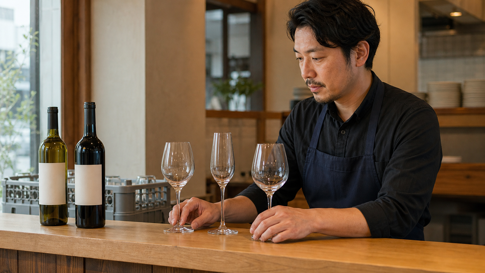 開店前の小さな飲食店で、店長が三つの形のワイングラス、無地のボトル、洗浄ラックを見比べている場面