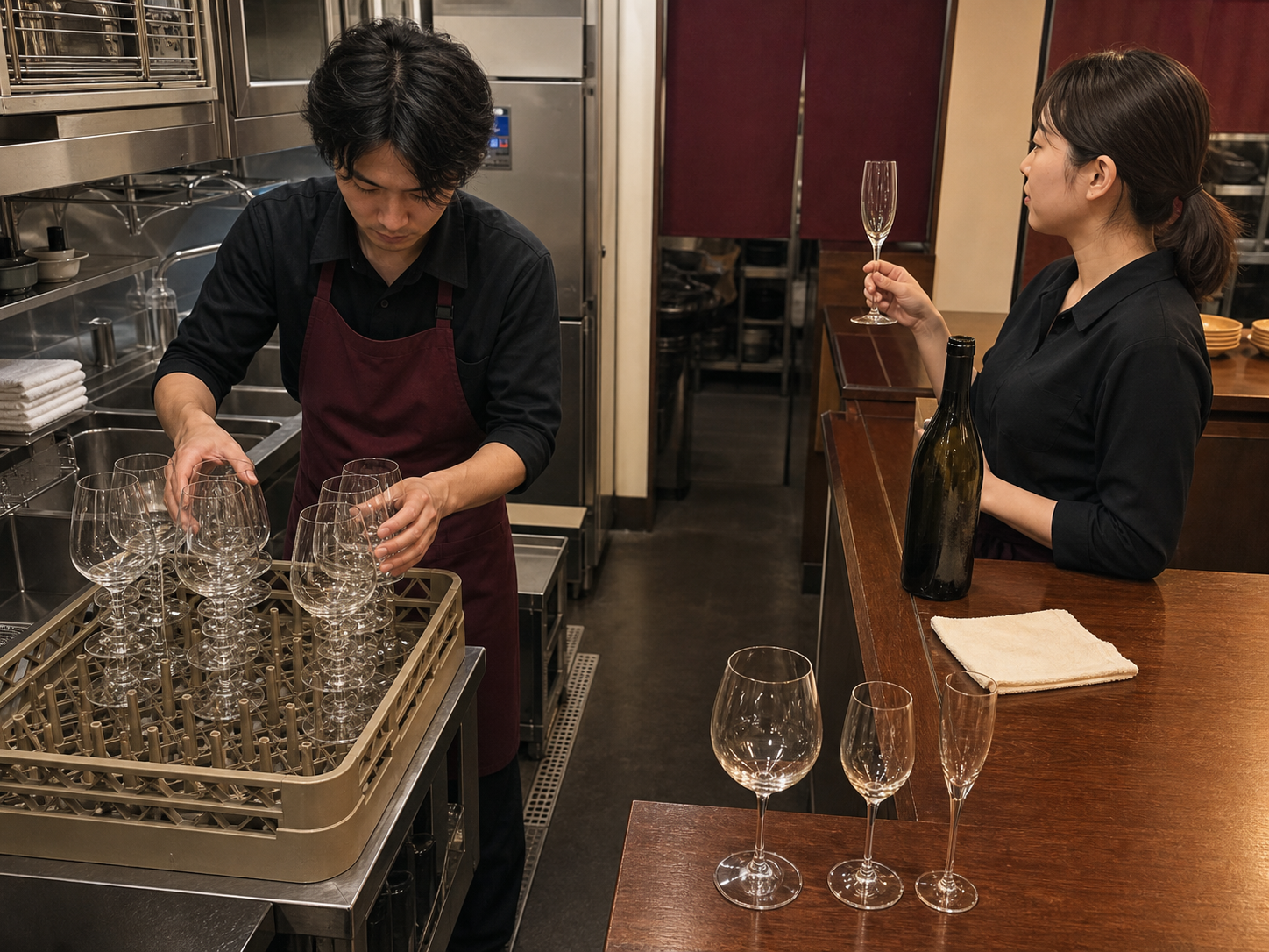 飲食店の洗い場で万能グラスをラックへ戻すスタッフと、サービスカウンターで細身のグラスを確認するスタッフ