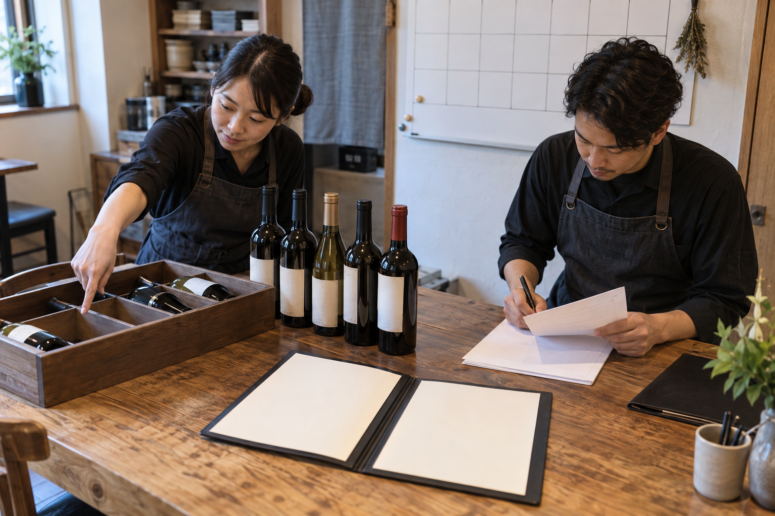朝の飲食店で、二人のスタッフがワイン在庫用のトレー、発注票、メニュー帳、予定ボードを見比べている場面