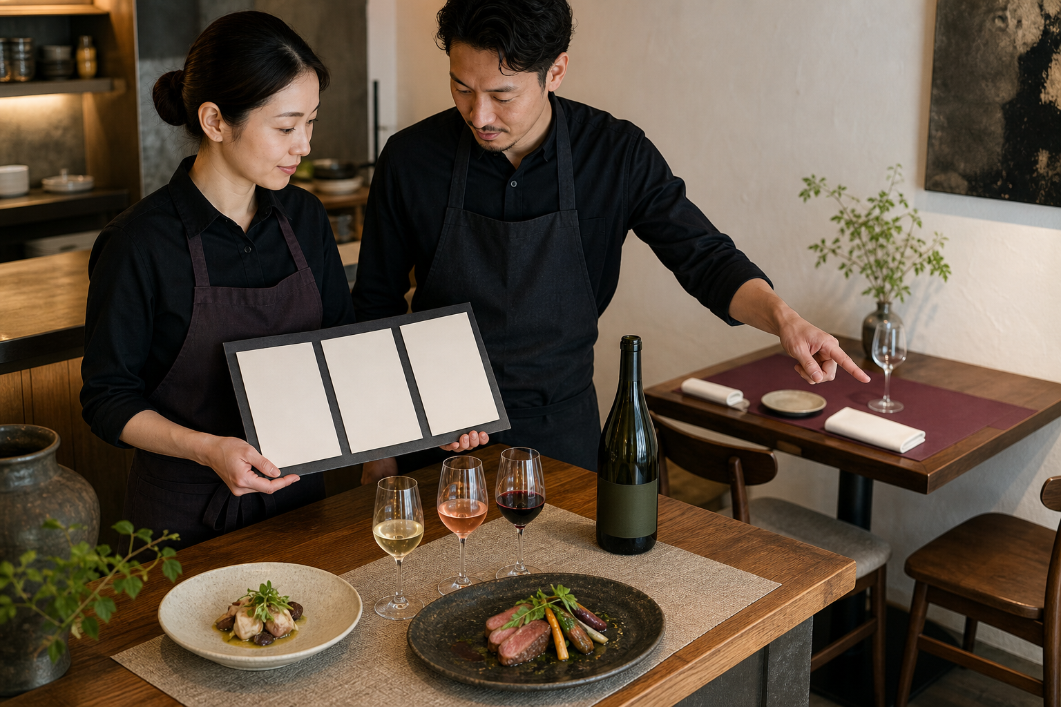 開店前の飲食店で、二人のスタッフが三つの無地カード、料理、三杯のワインを前にペアリング表示を確認している場面