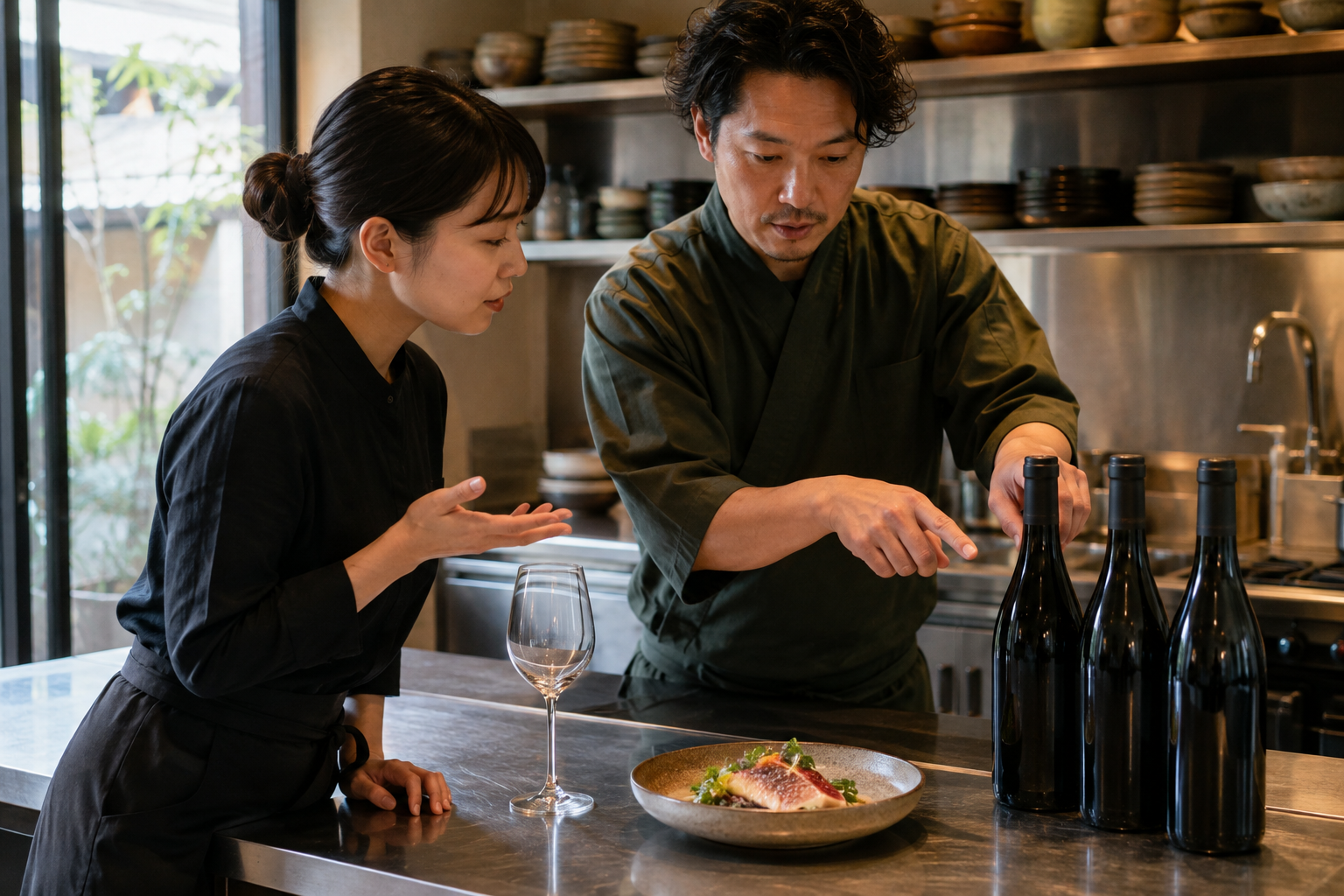 開店前の飲食店で、店長とスタッフが料理と三本のワインを見ながら提案候補を確認している場面