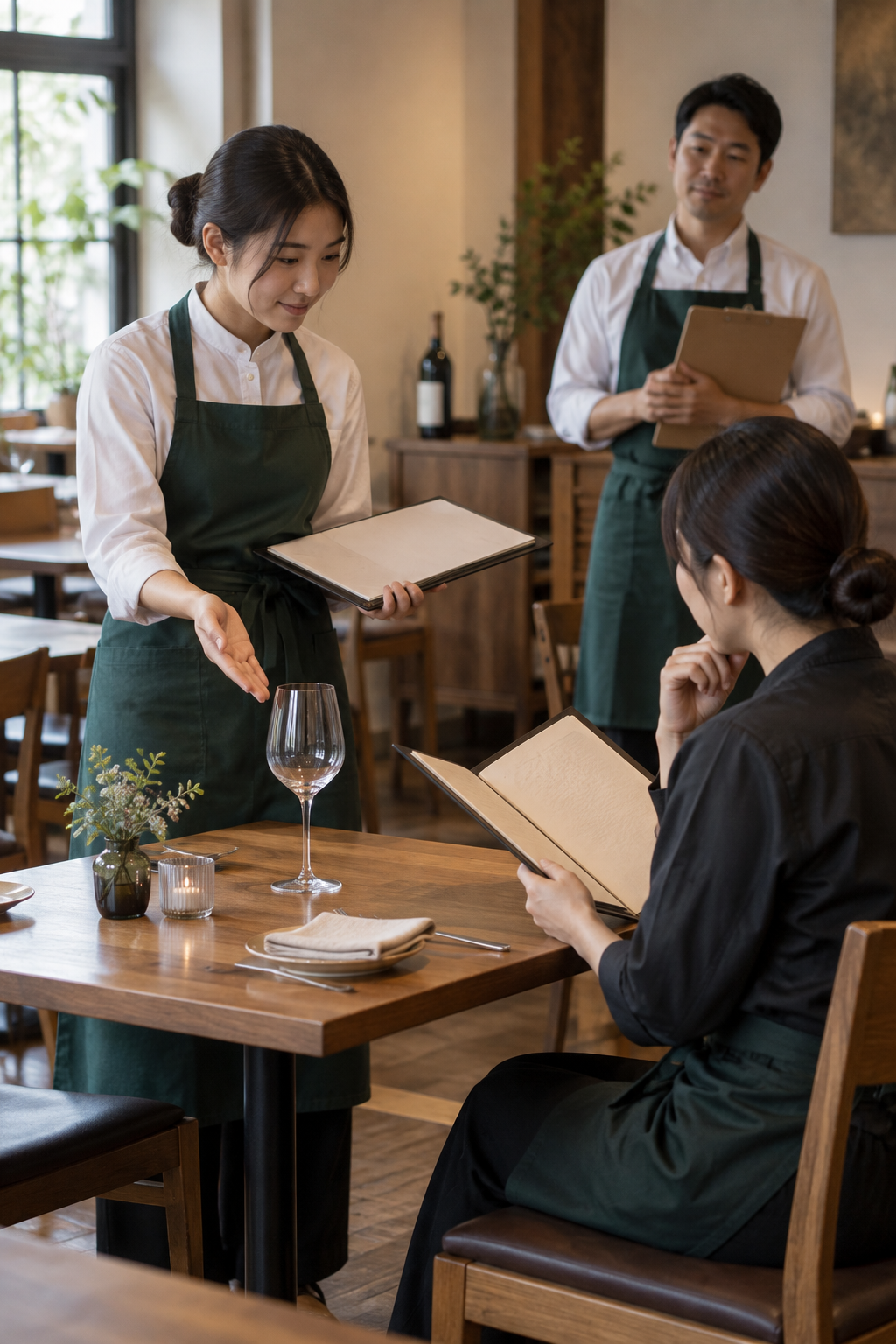 開店前の飲食店で、新人スタッフが客役の同僚へワインメニューを見せ、店長がそばでワイン接客のロールプレイを見守る場面
