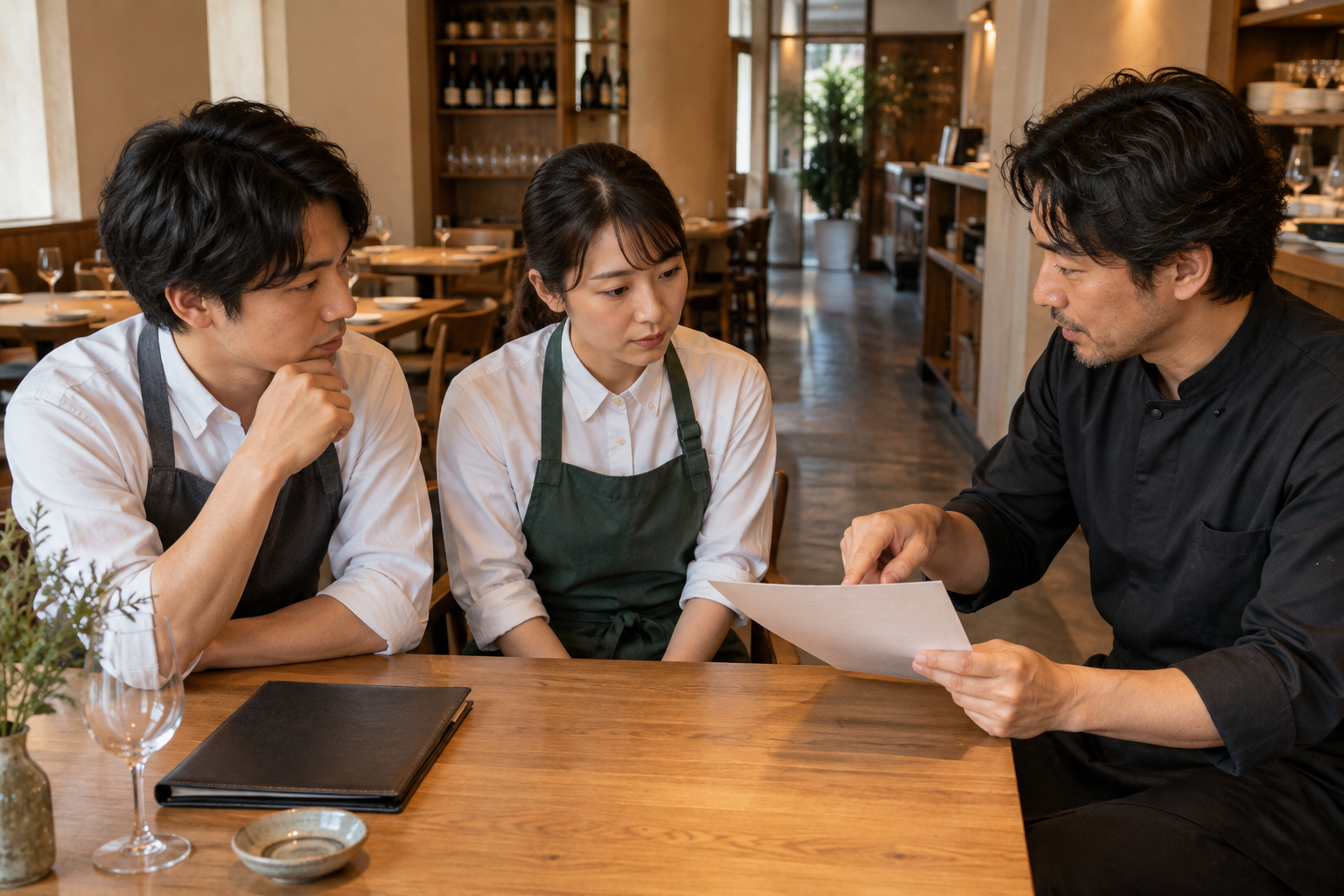 開店前の飲食店で、店長が二人のスタッフへ無地の振り返り用紙を示し、ワイン接客ロールプレイ後の一言を確認している場面