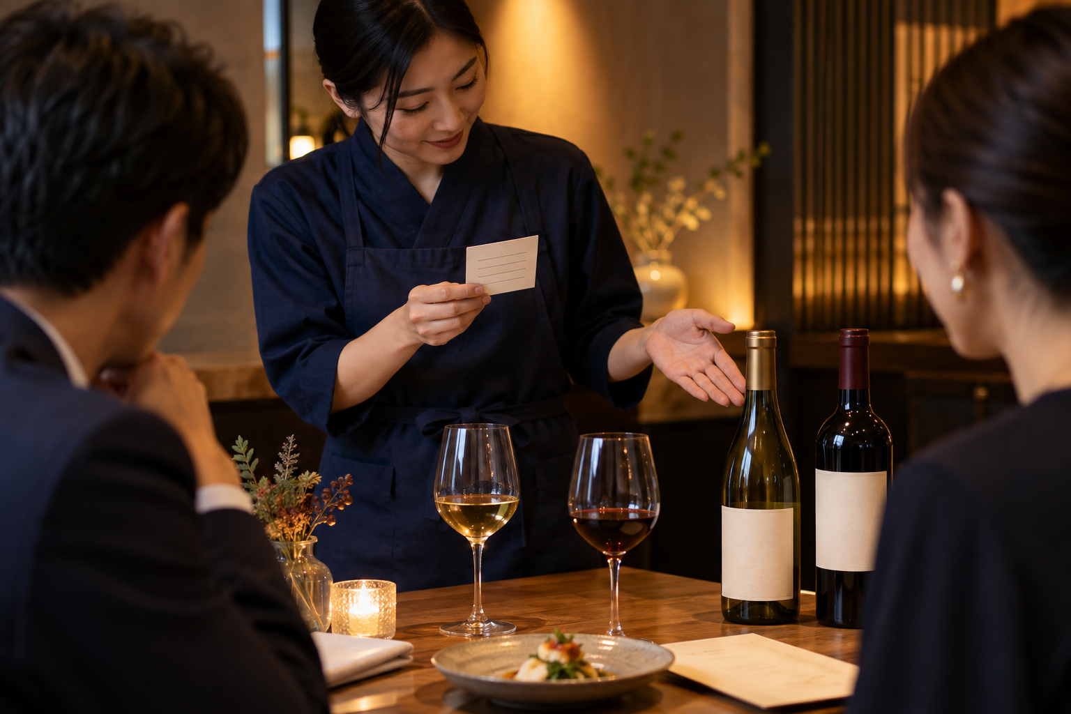 飲食店の二人席で、スタッフが小さなフレーズシートを見ながら二本のワイン候補を案内する場面