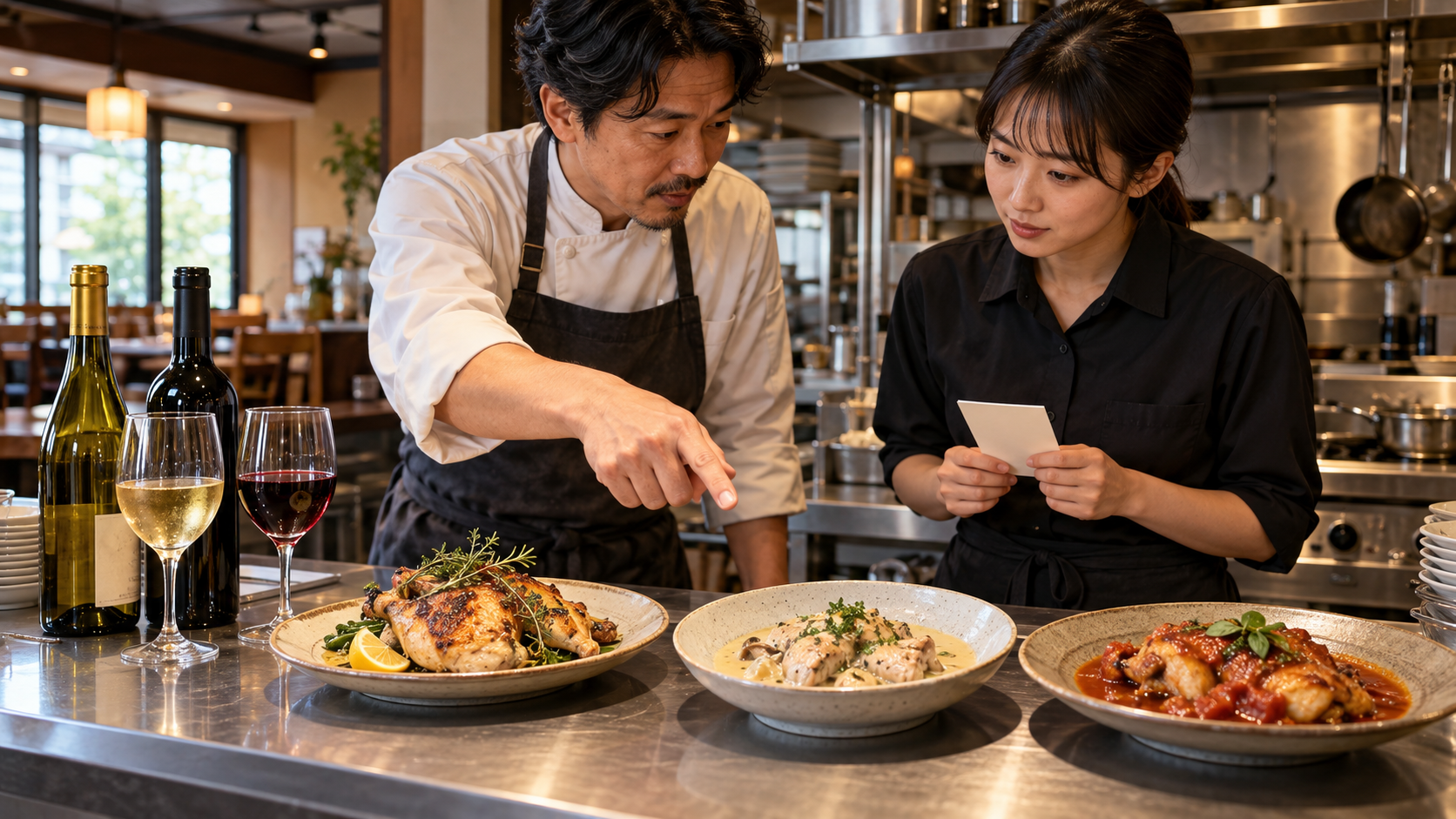 飲食店のテーブルで、焼いた鶏料理を前にホールスタッフが白ワインと赤ワインのボトルを示している場面