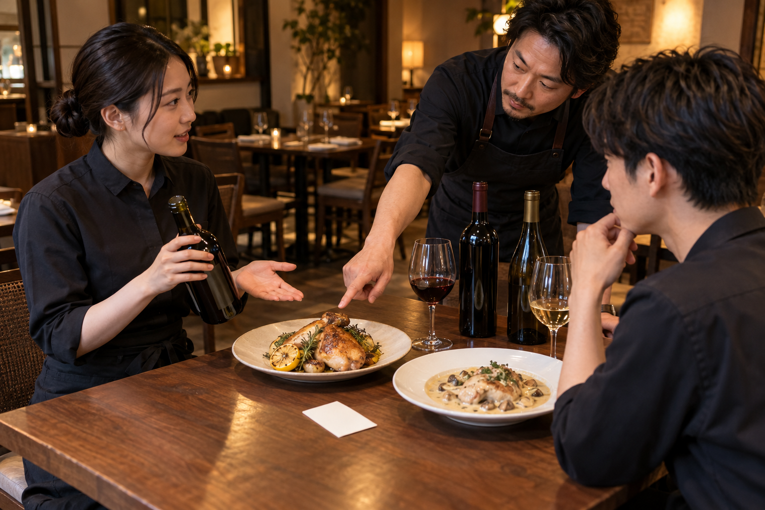 開店前の飲食店で、スタッフ三人が焼き鶏とクリーム煮、二本のワインを前に接客フレーズを練習している場面