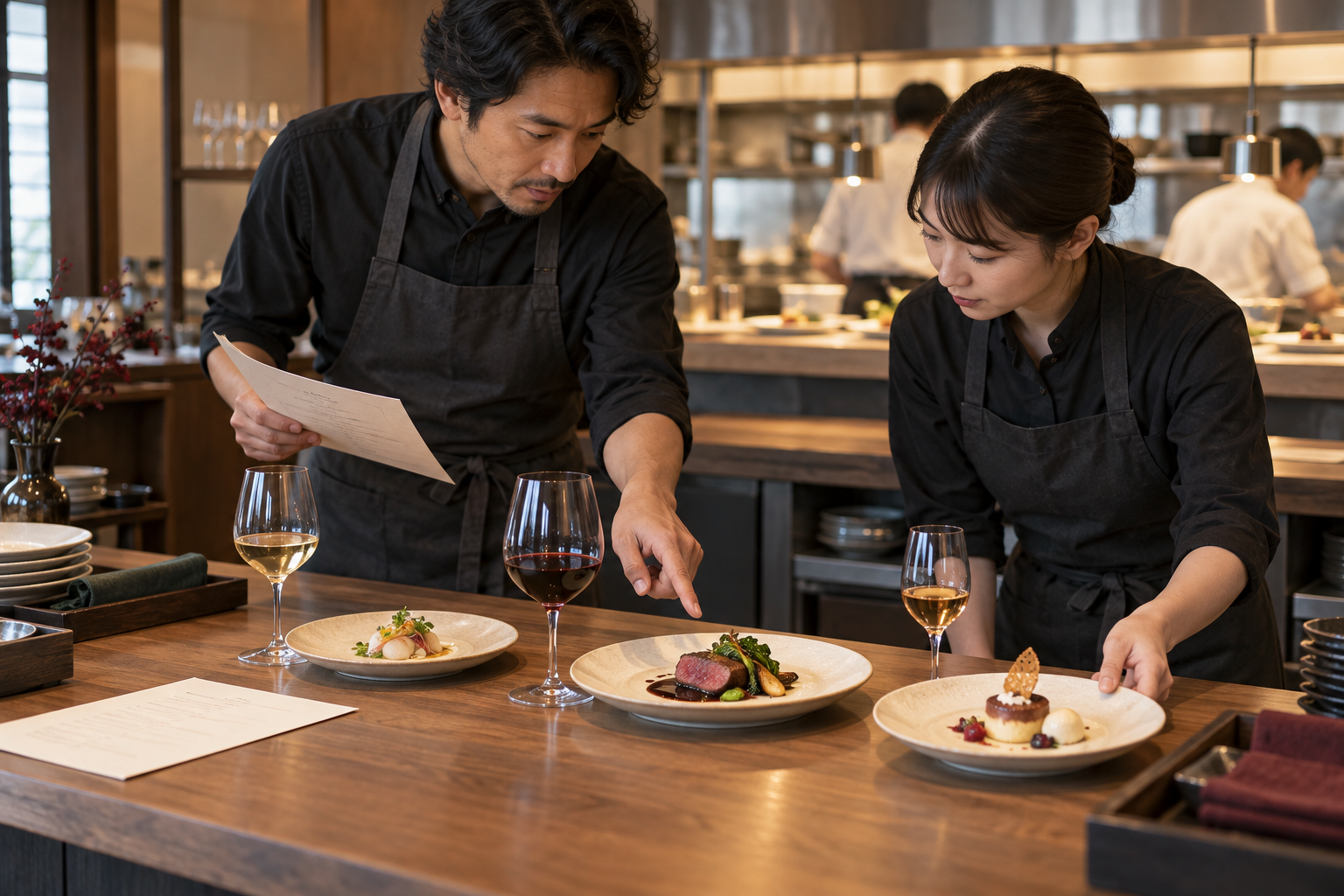 営業前にコースの主菜を指し、ワインを出す順番を共有する飲食店スタッフ