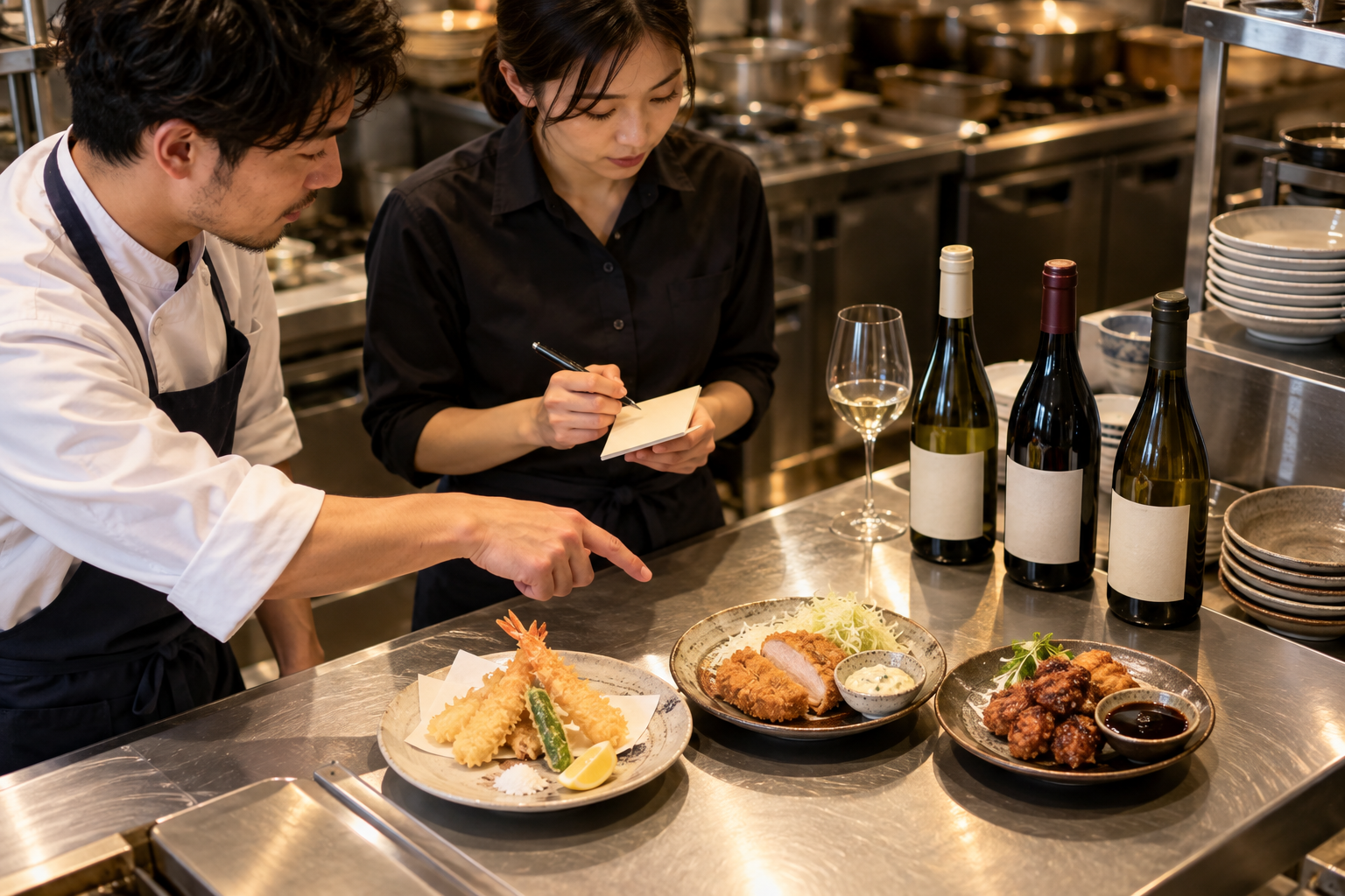 飲食店のパスで、天ぷら風の揚げ物、タルタルを添えたフライ、濃いソースの揚げ物をスタッフが見比べている場面