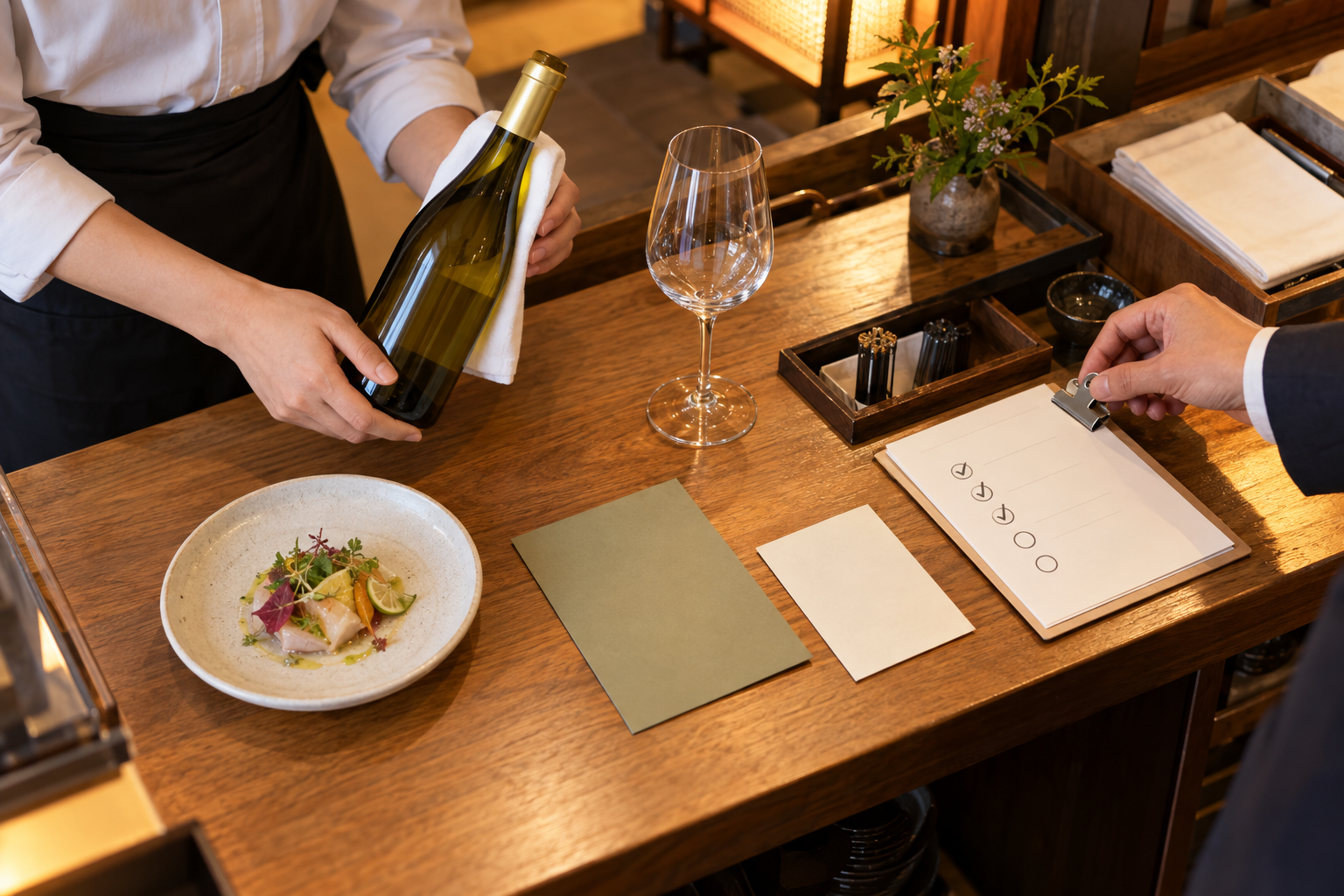 飲食店のサービス台で、スタッフが新しいワインボトル、空のグラス、前菜、確認印のある共有メモを並べ、店長の手がメモを留めている場面