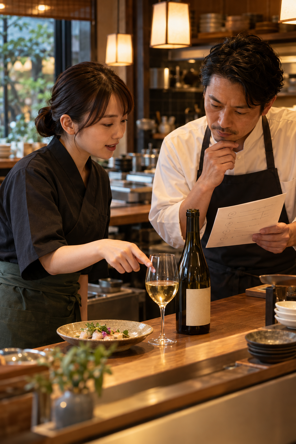 開店前の飲食店で、店長とホールスタッフが新しいグラスワイン、前菜、共有メモを前に説明の要点を確認している場面