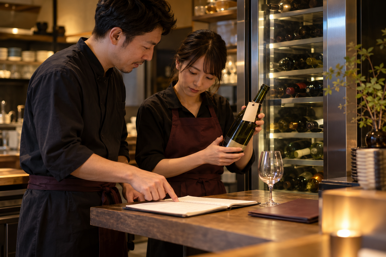 閉店後の飲食店で、店長とスタッフがワインセラー横の開栓済みボトルと引継ぎノートを確認している場面