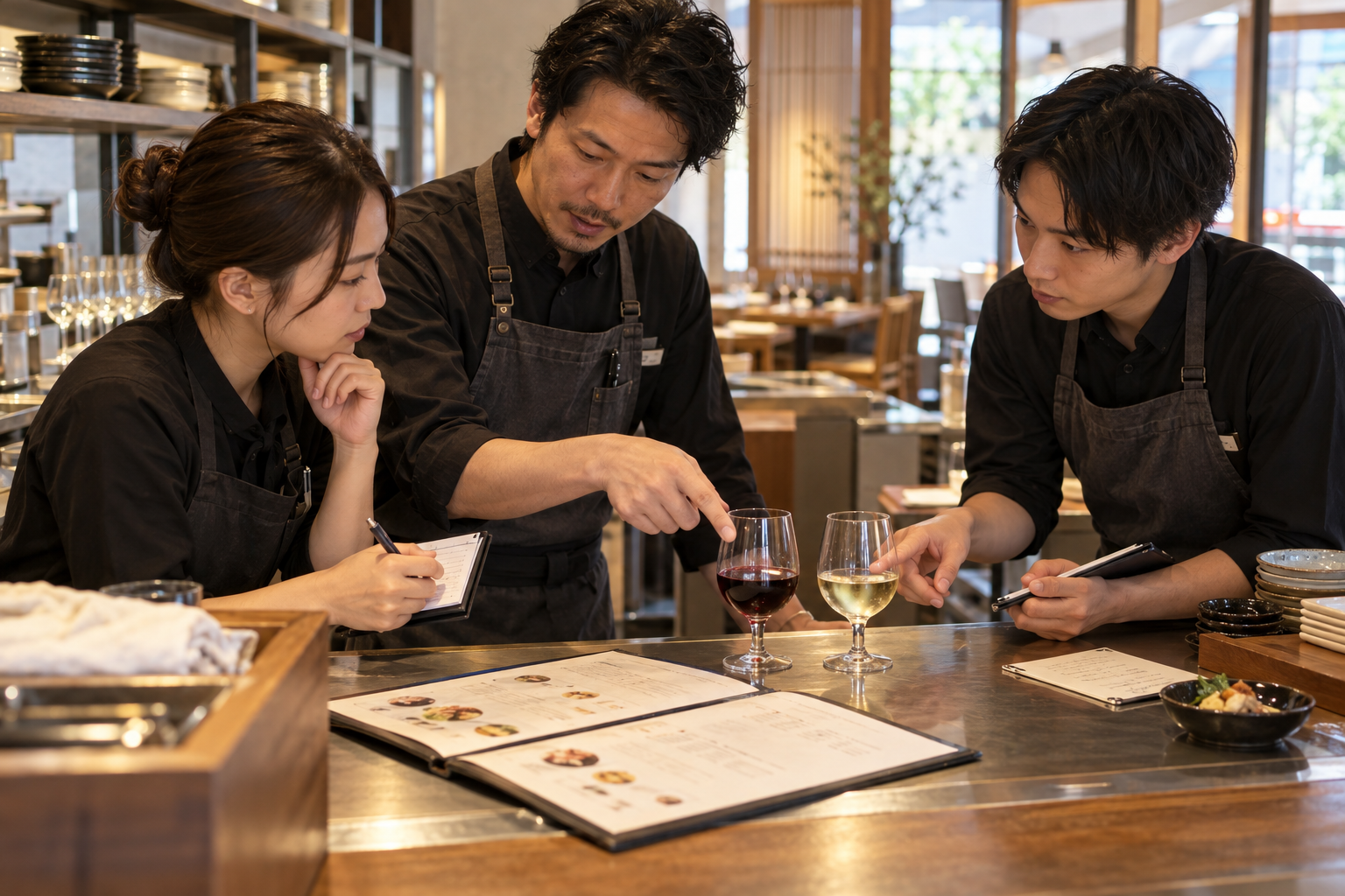 営業前のサービス台で、飲食店スタッフ三人がメニューと二つのワイングラスを見ながら接客の聞き直しを共有している場面