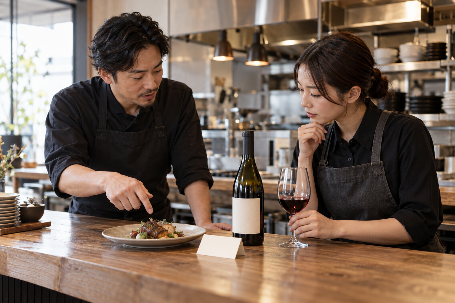 営業前の飲食店で、店長とスタッフが料理、無地のワインボトル、グラスを前に少量提案の条件を確認している場面