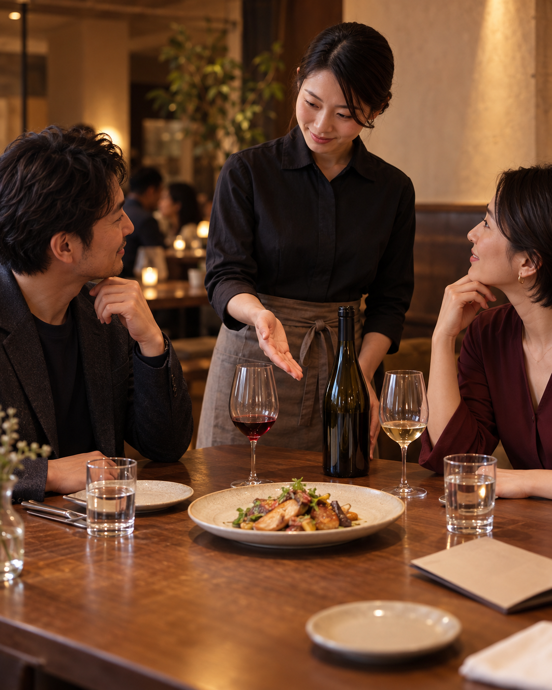 飲食店の客席で、スタッフが二人組のお客様に料理とワインボトル、二つのグラスを前に希望を聞いている場面