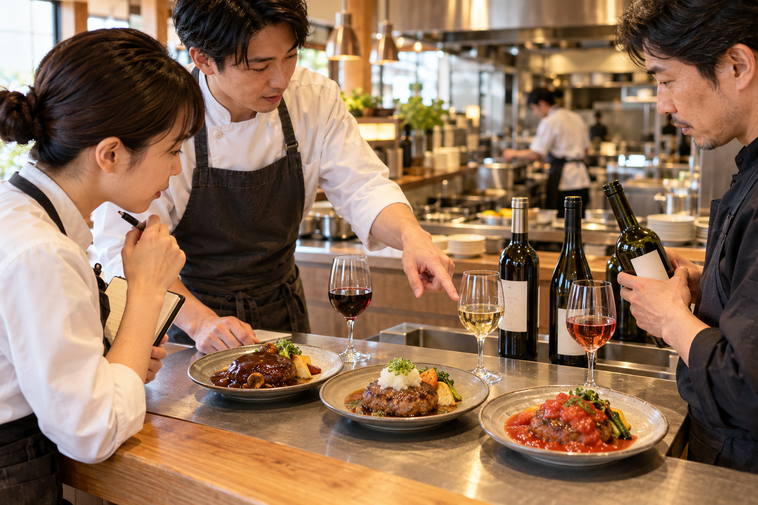 営業前のサービス台で、飲食店スタッフ三人がデミグラス、和風おろし、トマトソースのハンバーグとワイン候補を確認している場面