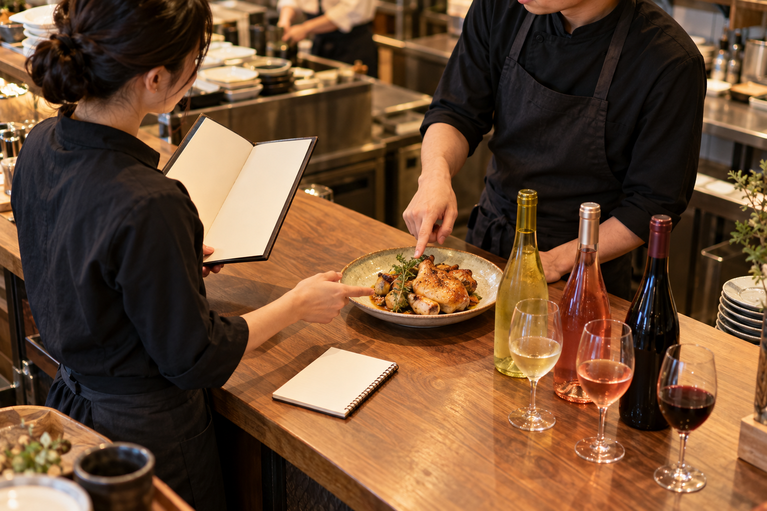 飲食店のサービス台で、二人のスタッフが鶏料理と白・ロゼ・赤のワイン候補を見比べている手元