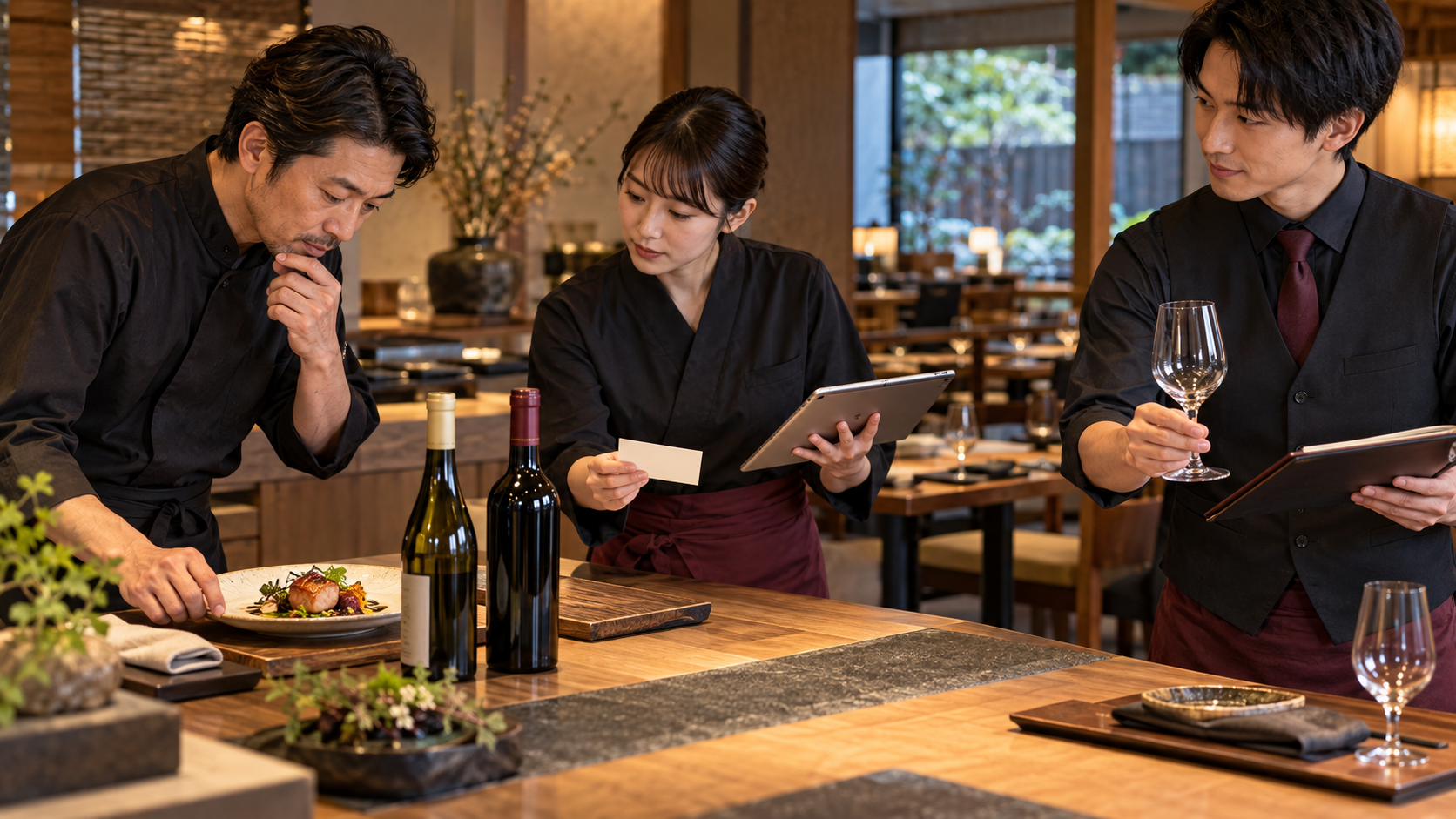 開店前の飲食店で、店長、確認役、ホールスタッフが料理、二本のワイン、タブレット、確認カード、空のグラスを前に提案の受け渡しを確認している場面