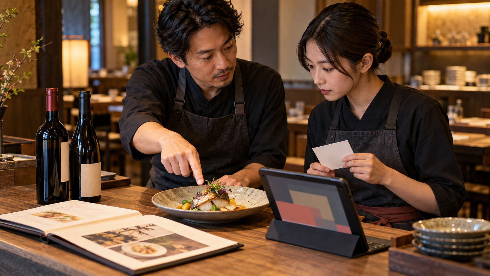 開店前の飲食店で、店長とホールスタッフが魚料理、二本のワイン、メニュー、タブレット、確認カードを見比べている場面