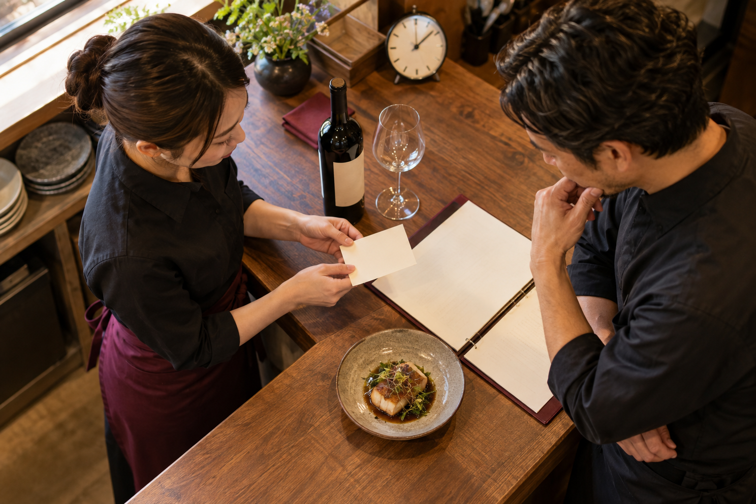 開店前のカウンターでスタッフが店長へ引継ぎメモを渡し、料理とワインを確認する場面